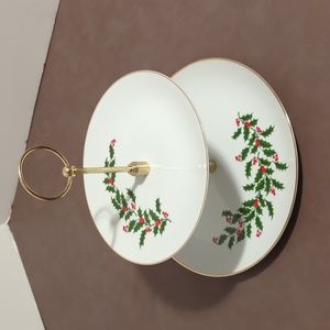 2 Tiered Porcelain Ware tid bit set 2 dish Christmas holly berry server